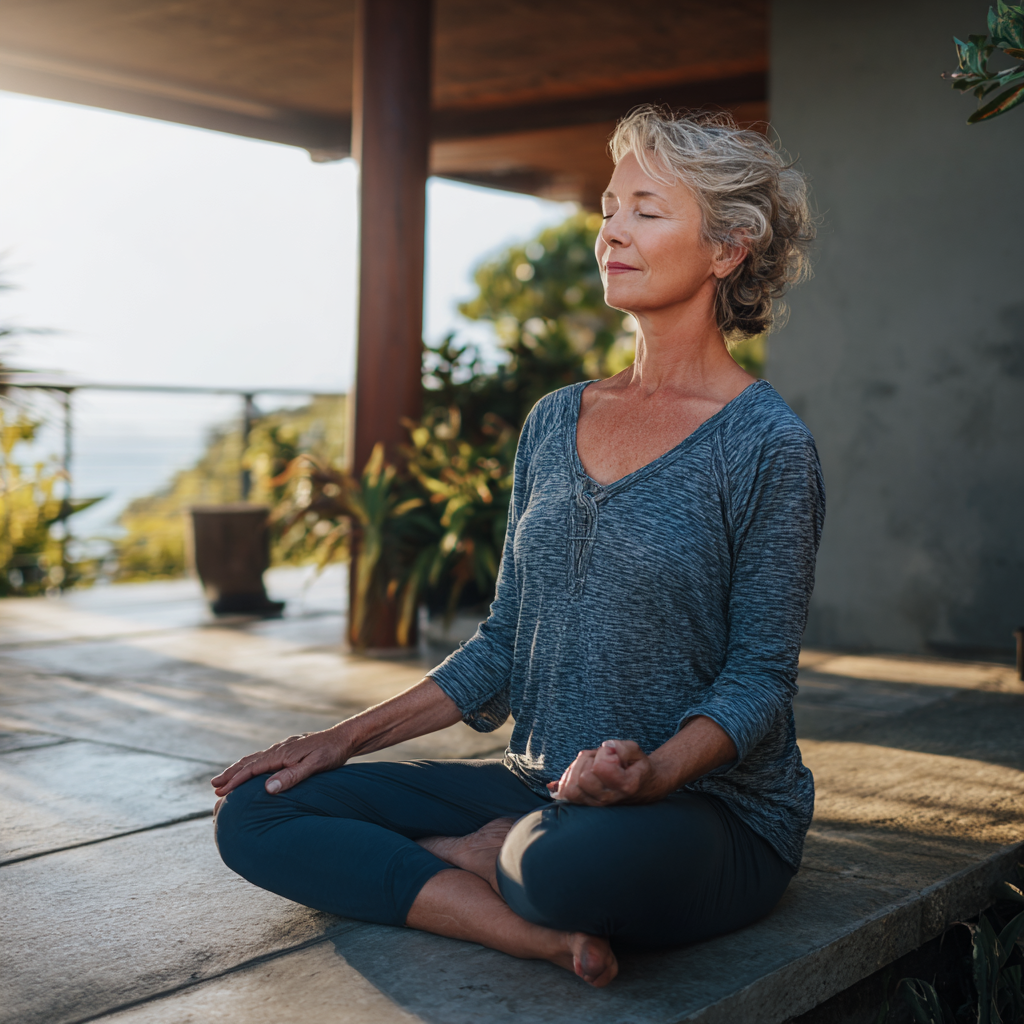 Middle-aged woman practicing mindful yoga pose in peaceful setting