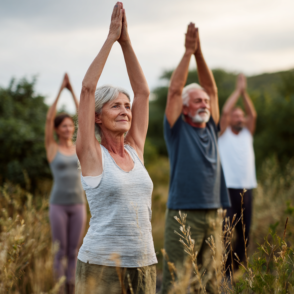 Senior adults practicing gentle yoga movements in natural environment